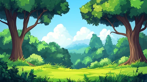 Sunlit Forest Clearing with Ancient Oak Trees.