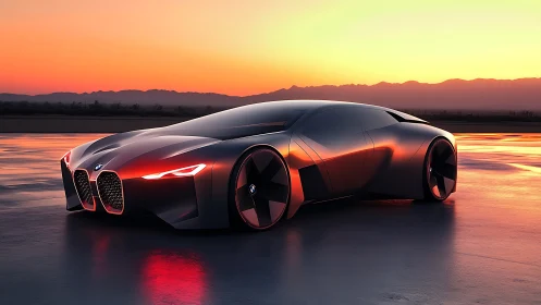 Futuristic concept sports car glows on a sunset-soaked runway