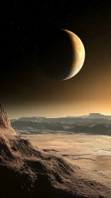 Terminator-lit exoplanet above eroded desert plateau landscape