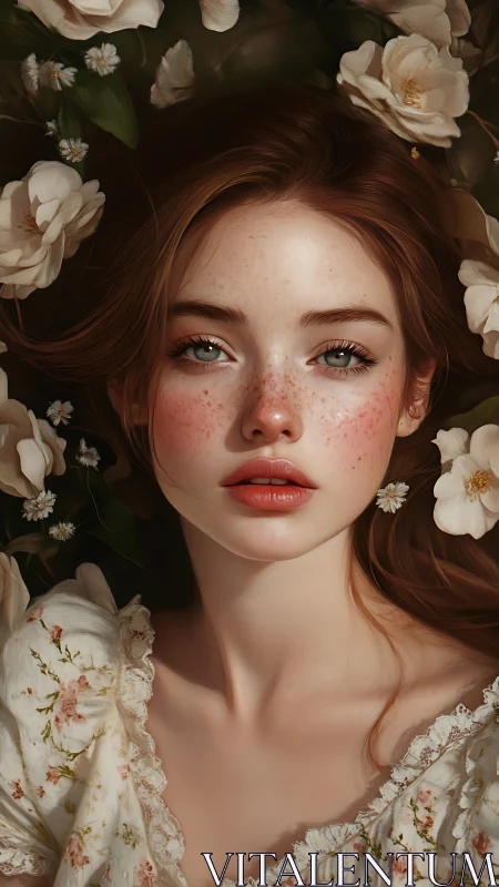 Freckled spring muse resting in a dream of white blossoms.