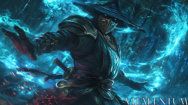 Arcane warrior channels blue elemental energy in forest.