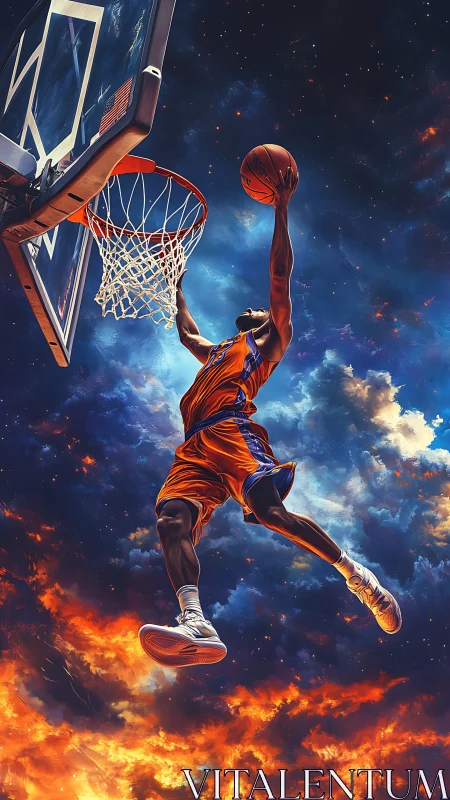 Digital painting of skyward basketball dunk in cosmic blaze.