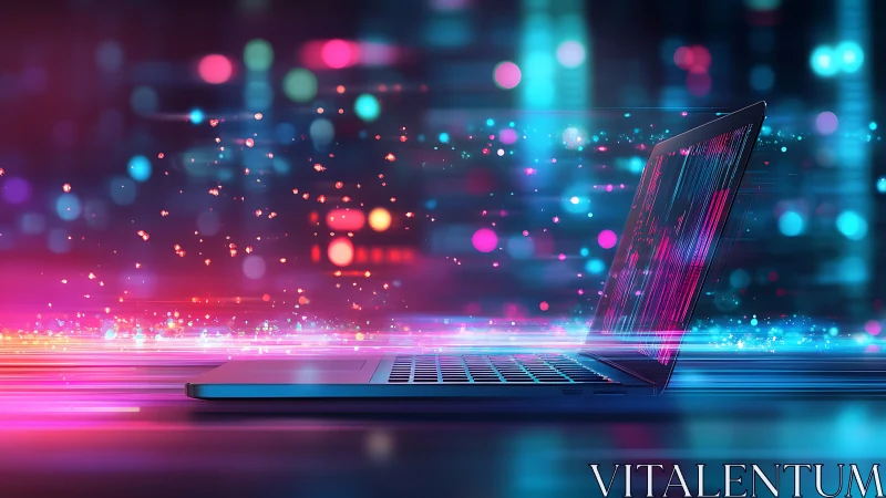 Sleek laptop streams neon data in a vivid digital landscape