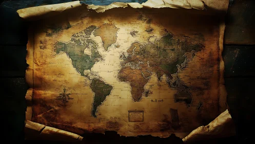 Antique world map rests on aged, weathered parchment.