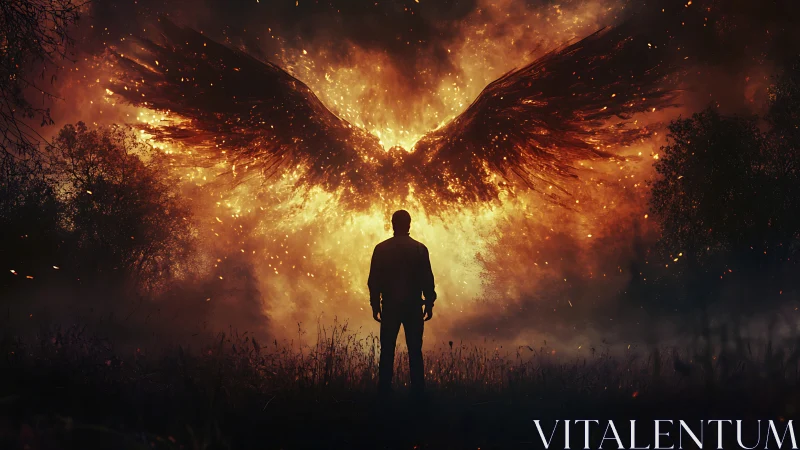 Silhouette before expansive fiery wings in dark landscape.