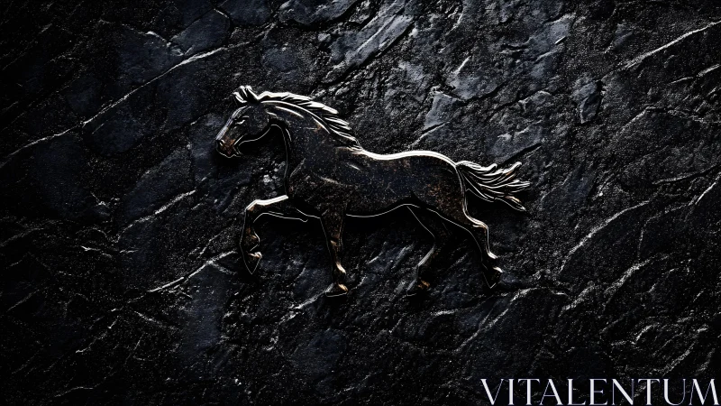 Metallic Horse Silhouette on Dark Textured Stone Background.