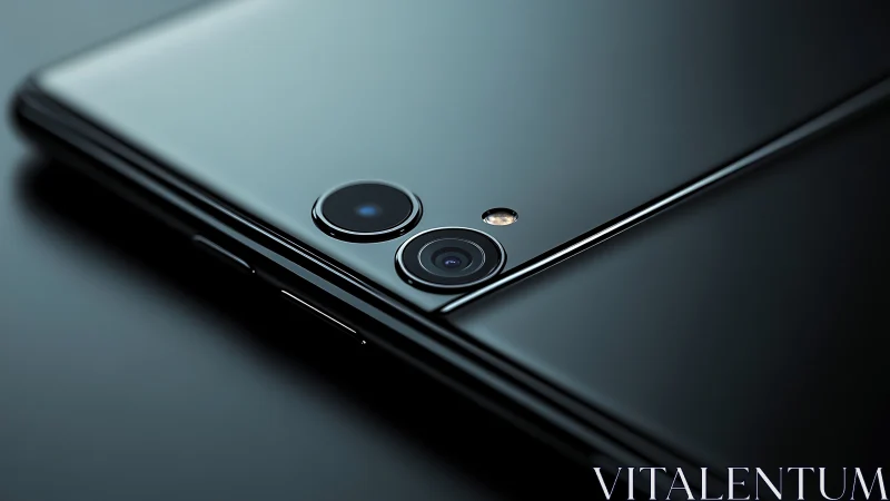 Midnight-black smartphone camera gleams in cinematic closeup.
