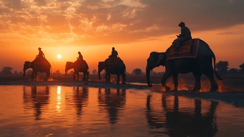 Elephants cross a glowing river at tranquil orange sunset