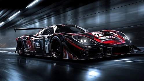 Sleek red race car surges through a glowing tunnel of speed