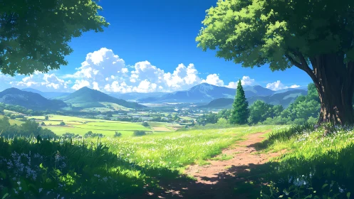 Sunlit rural valley path in stylized anime landscape painting.