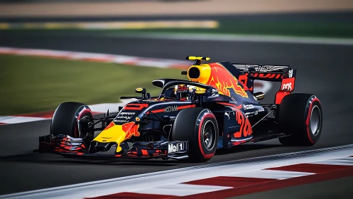 Scarlet bull racer slashes twilight circuit with neon speed.