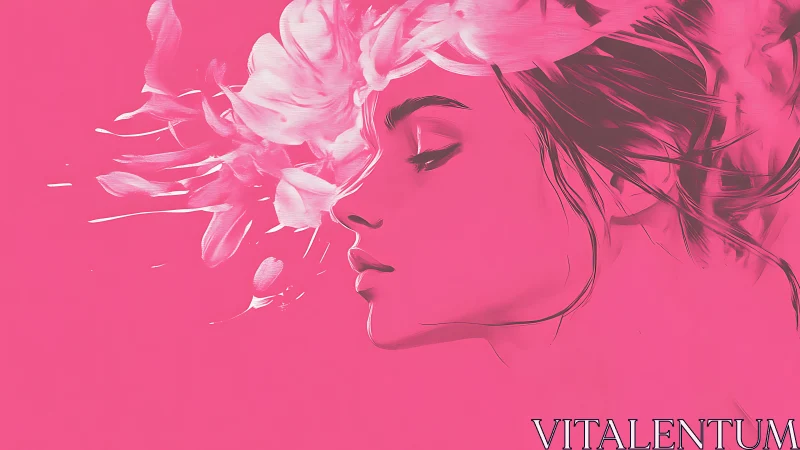 Monochrome pink portrait merges petals and profile silhouette.