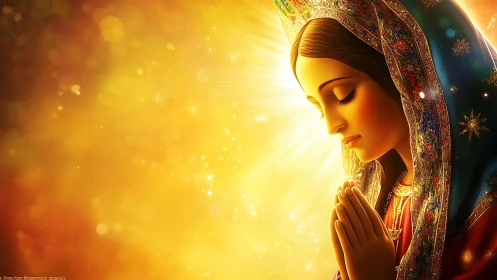Luminous praying Madonna in radiant golden backlight glow.