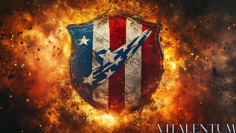 Weathered patriotic shield emblem surrounded by explosive fire
