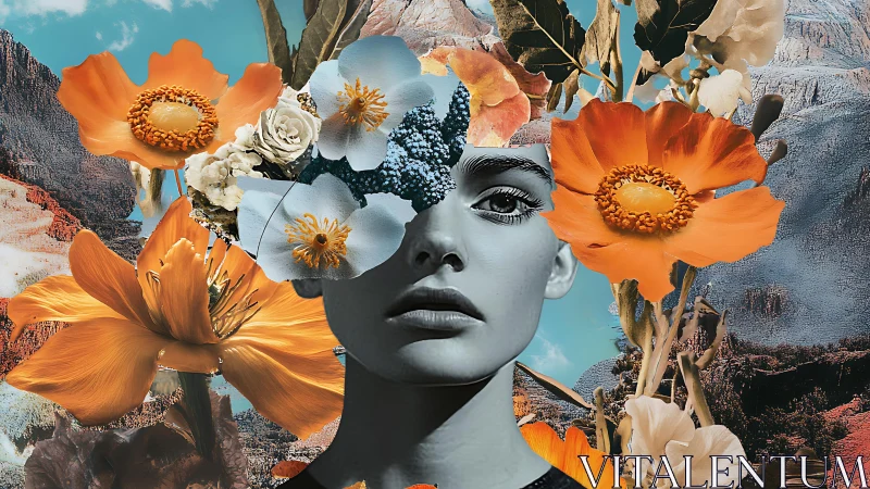 Monochrome female portrait merges with vivid floral landscape