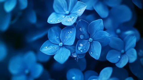 Delicate Blue Flowers Glistening With Fresh Morning Dew Drops