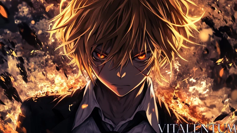 Blond anime male with burning eyes amid abstract flames.