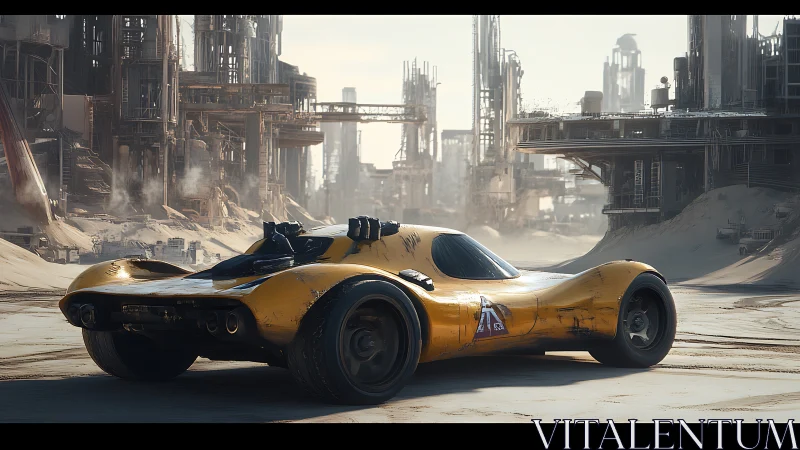 Yellow futuristic race car in deserted industrial complex.