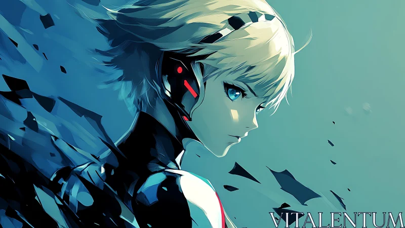 Cyborg heroine in teal-blue shards rendered in dynamic anime