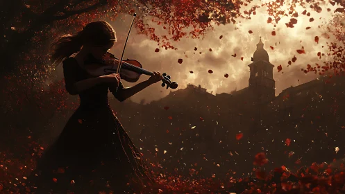 Violinist silhouette amid swirling red leaves at dusk.