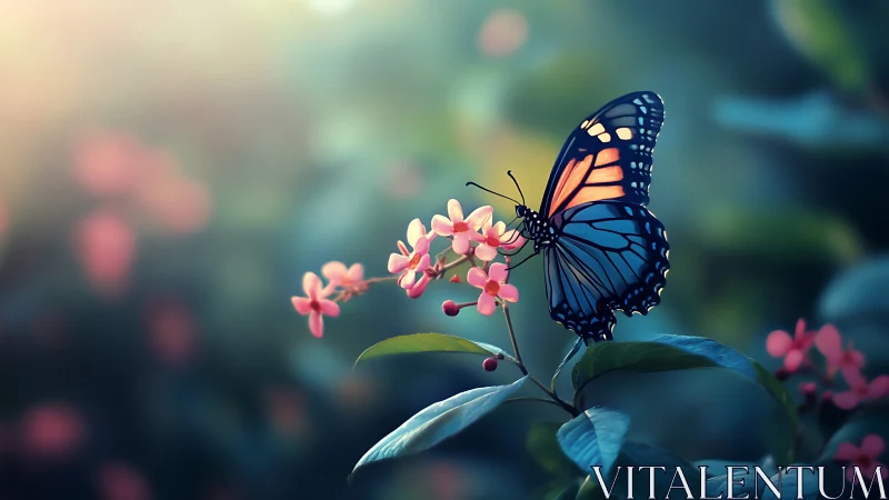 Photorealistic macro of monarch butterfly on pink blossom branch.
