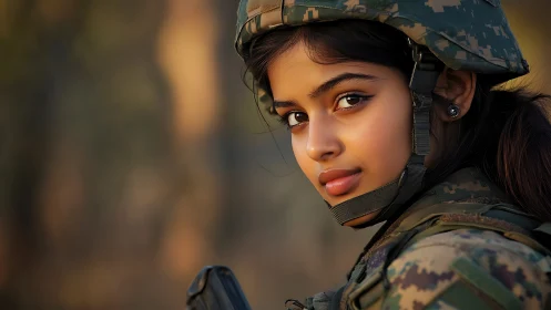 Portrait of Female Soldier in Camouflage Gear, Golden Hour Lighting.