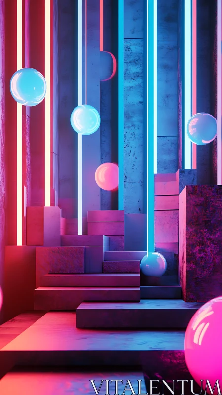 Neon stairway with glowing orbs in bold cyber colors.