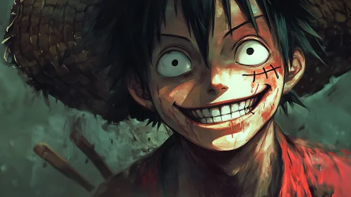 Straw hat warrior grins through blood and storm chaos.
