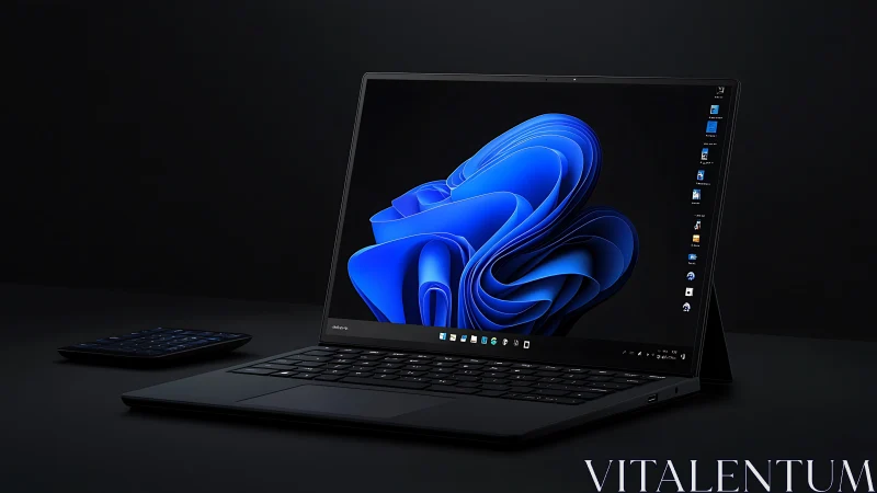 Minimalist dark-mode laptop rendering with blue OS bloom display.