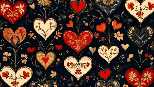 Folk Art Heart Pattern with Botanical Elements on Dark Background