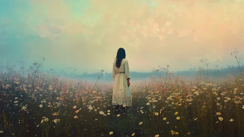 Mist-drenched meadow listens as a lone dreamer stands still