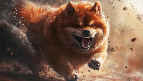 Storm-furred battle dog lunges through shrapnel haze.