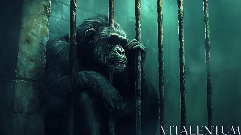 Digital painting of captive ape in moody teal enclosure.