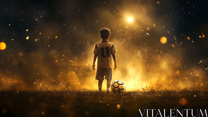Young soccer dreamer standing bright in golden evening light.
