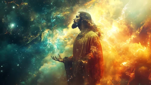 Sacred robed figure in glowing cosmic nebula light.