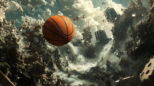 Cosmic basketball drifts through storm-torn shattered world.