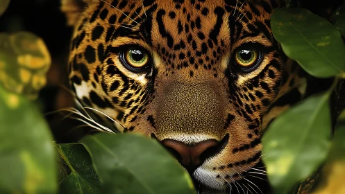 Jungle-eyed jaguar gazing softly through lush green leaves.