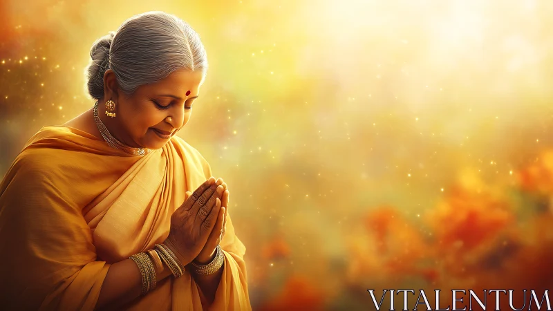 Elderly Indian Woman in Traditional Attire, Warm Spiritual Portrait.