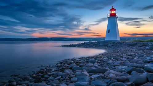 Coastal lighthouse with rocky shoreline at dusk lighted beacon.