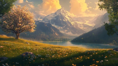 Sunlit alpine meadow frames tranquil lake and snow peaks