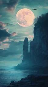 Full moon illuminates tall sea cliffs over calm water