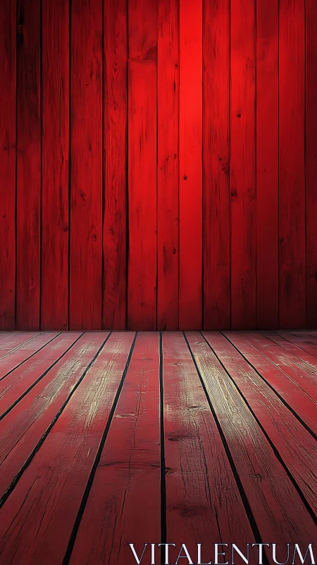 Red wooden room shows converging floorboards and wall planks