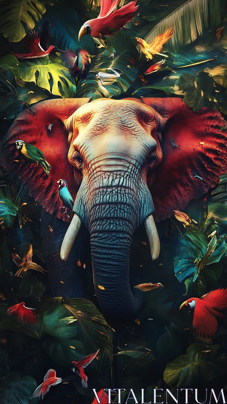 Elephant head framed by jungle leaves and bright parrots.