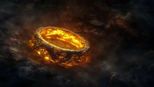 Luminous Golden Ring on Dark Stone Surface with Radiant Glow.
