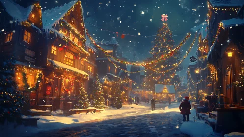 Snowy village street shows night Christmas market scene