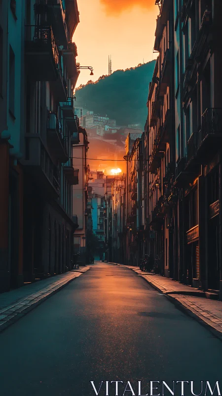 Narrow urban street at sunrise with warm reflective roadway glow