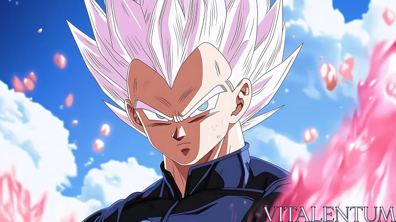 White haired anime warrior stands focused under bright sky