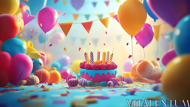 Rendered Birthday Scene with Layered Balloons and Decorative Confetti Display