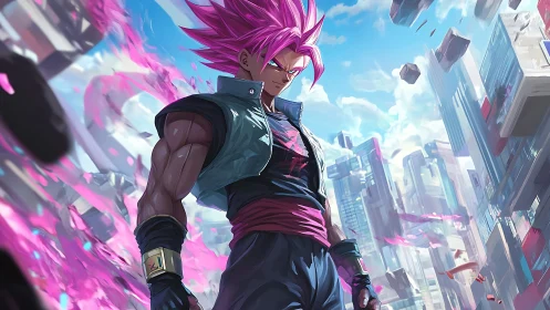 Neon tempest warrior amid levitating city shards.