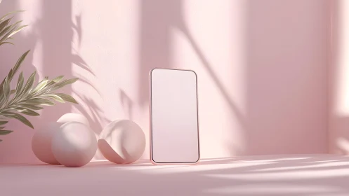 Minimalist smartphone mockup in pastel pink sunlight scene.